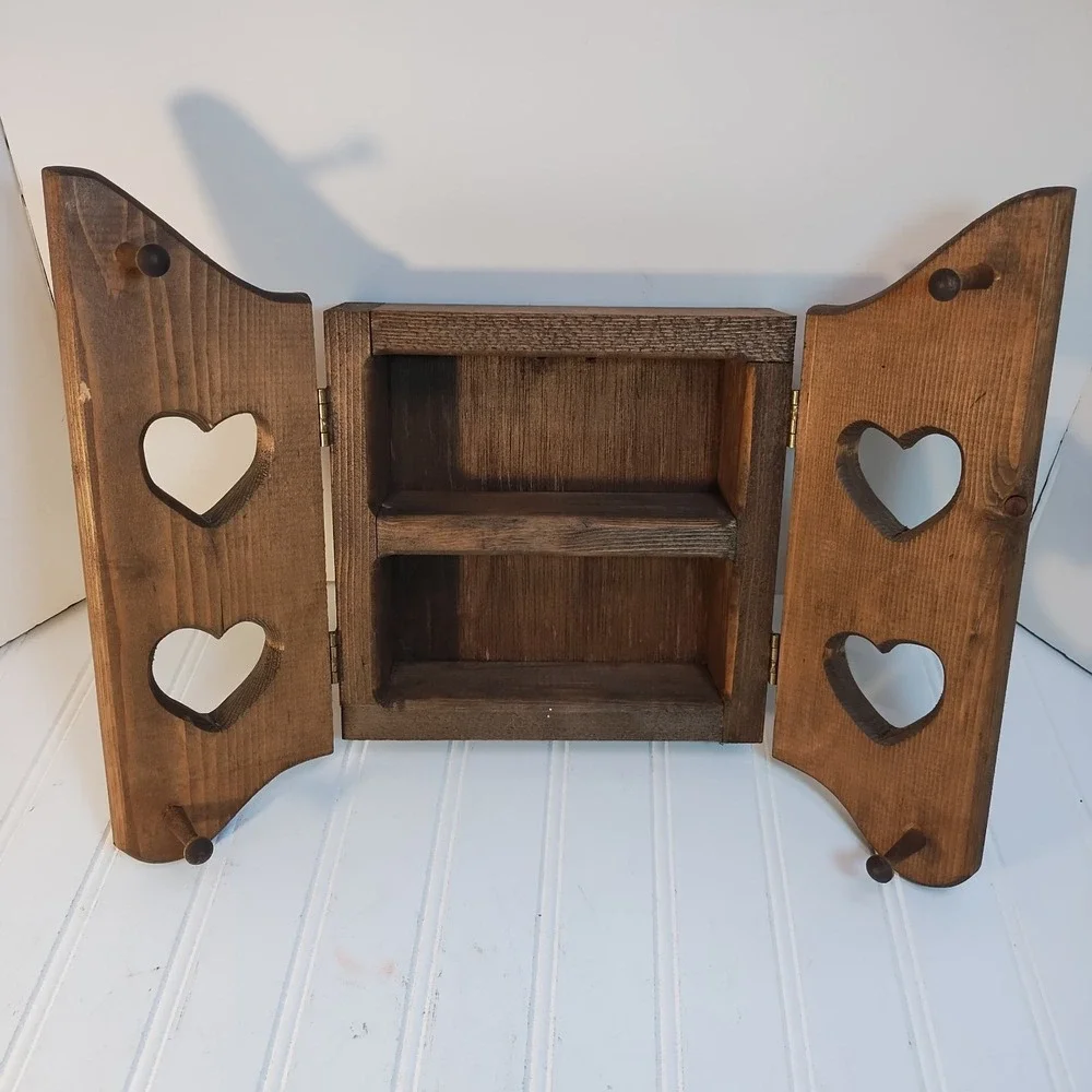 Vintage Heart Cut Out Wood Wall Cabinet Shelf Curio Spice 4 Hidden Pegs Cottage